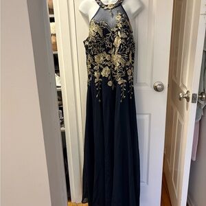 Elegant Navy and Gold Embroidered Gown